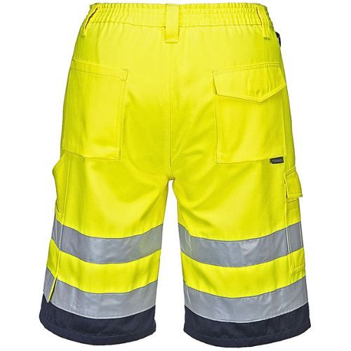 OUTLET HLAČE KRATKE VISOKE VIDLJIVOSTI POLY COTTON E043 ŽUTO/T. PLAVE XL