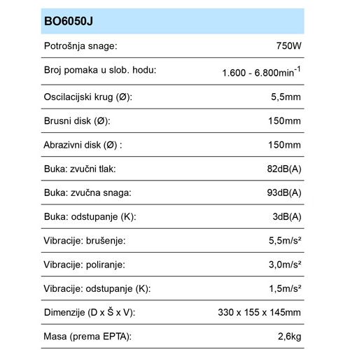 MAKITA BO6050J BRUSILICA EKSCENTRIČNA (750W,150MM)