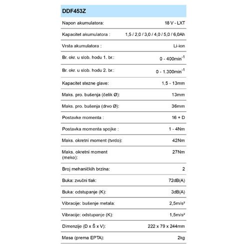 MAKITA DDF453Z AKU BUŠILICA IZVIJAČ (18V,BEZ AKU)
