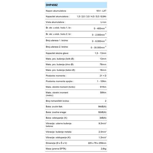 MAKITA DHP458Z AKU UDARNA BUŠILICA IZVIJAČ(18V,LI-ION,BEZ AKU)