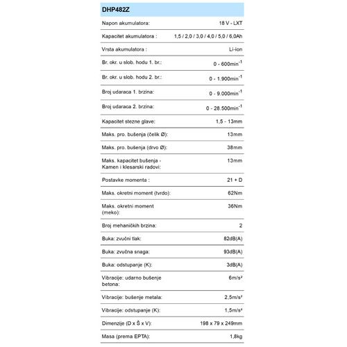 MAKITA DHP482Z  BUŠILICA UDARNA IZVIJAČ (18V,LI-ION,BEZ AKU)*