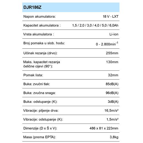 MAKITA DJR186Z AKU PILA SABLJASTA (18V,BEZ AKU)