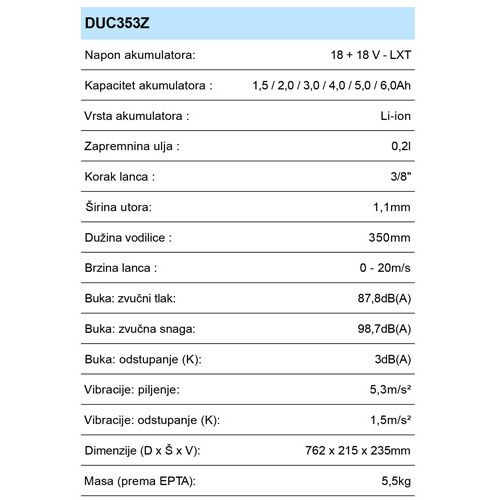 MAKITA DUC353Z AKU PILA LANČANA(18+18V,35CM,BEZ AKU)
