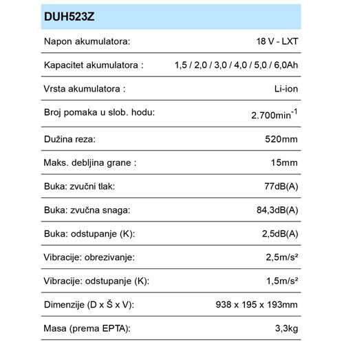 MAKITA DUH523Z AKU ŠKARE ZA ŽIVICU (18V,520MM,BEZ AKU)*