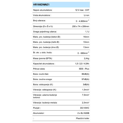 MAKITA HR166DWAE1 AKU BUŠILICA ČEKIĆ(10.8V,2X2AH,PRIBOR)