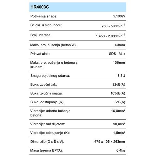 MAKITA HR4003C BUŠILICA ČEKIĆ (1100W,SDS-MAX, 6.2KG)*