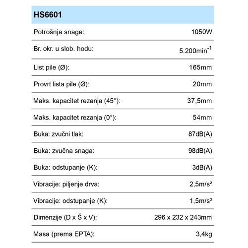 MAKITA HS6601 PILA KRUŽNA (1050W,165X20MM)
