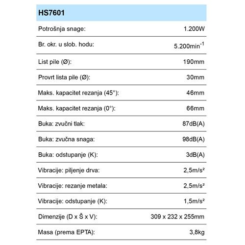MAKITA HS7601 PILA KRUŽNA (1200W,190X30MM)*
