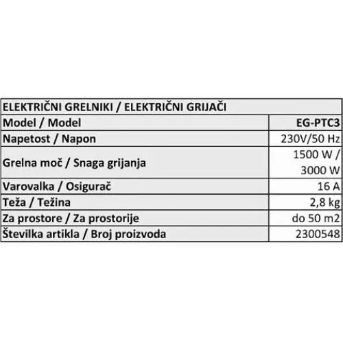 GRIJAČ ELEKTRIČNI EG-PTC3 BGP