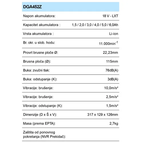 MAKITA DGA452Z AKU BRUSILICA (18V,LI-ION,BEZ AKU)