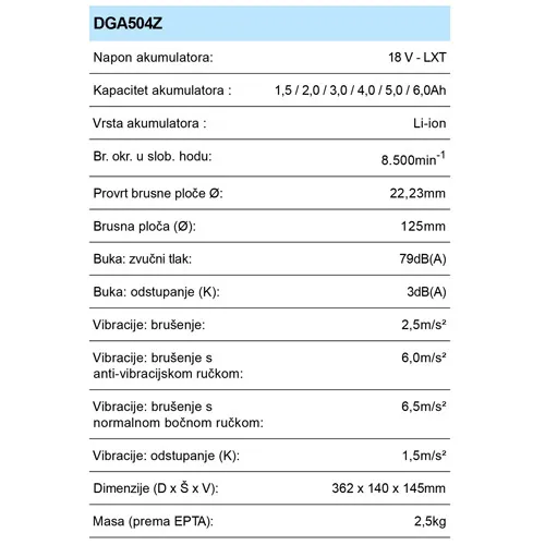 MAKITA DGA504Z AKU BRUSILICA (125MM,18V,LI-ION,BEZ AKU)