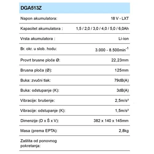 MAKITA DGA513Z AKU BRUSILICA (125MM,18V,LI-ION,BEZ AKU)