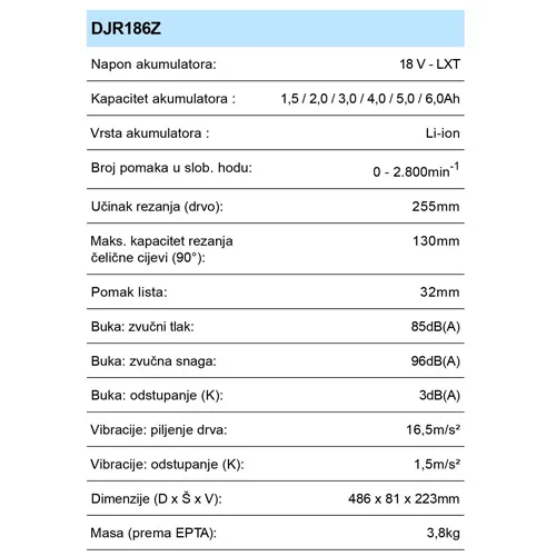 MAKITA DJR186Z AKU PILA SABLJASTA (18V,BEZ AKU)